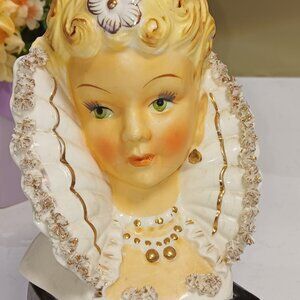 Ucagco Victorian Lady Head Vase - Open Green Eyes Flower High Fan Collar 1950's